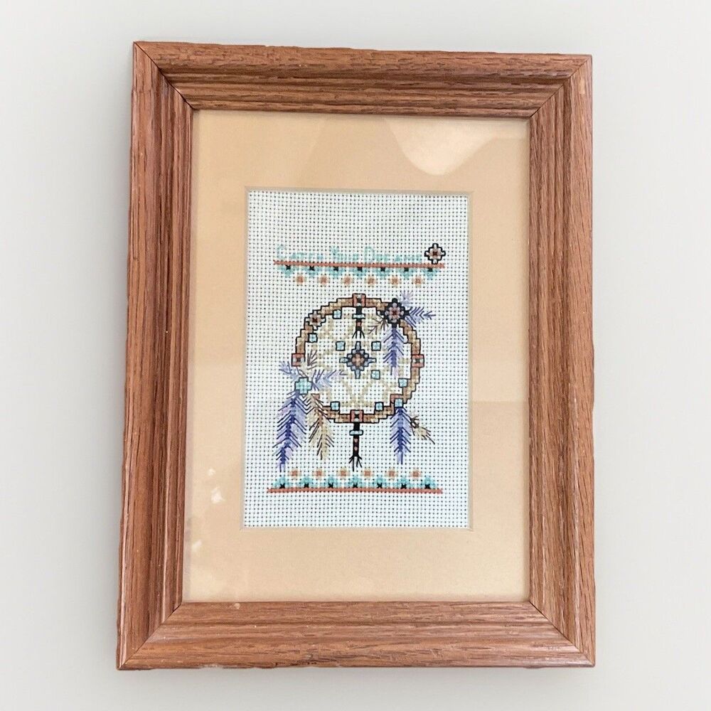 Dream Catcher Cross Stitch “CATCH YOUR DREAMS” Design Works #731 Framed 6 X 8”